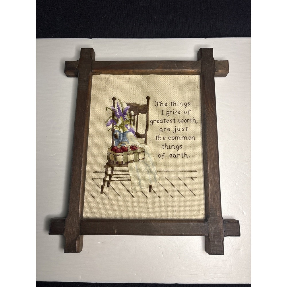 Vtg Handmade Framed Cross Stitch Fruit Flowers Chair The Things I Prize Art